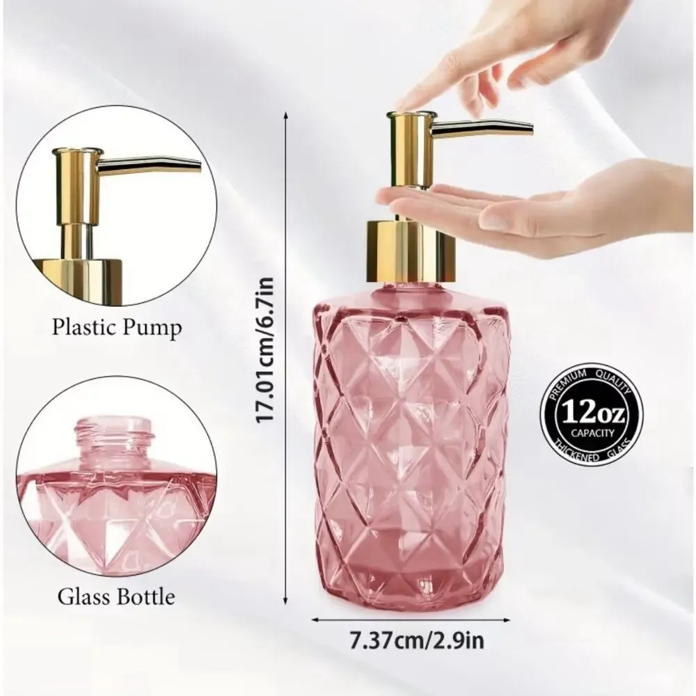 11.16 Ounce Glass Diamond Pink With Gold Top Soap Dispensers 2 Pack New
